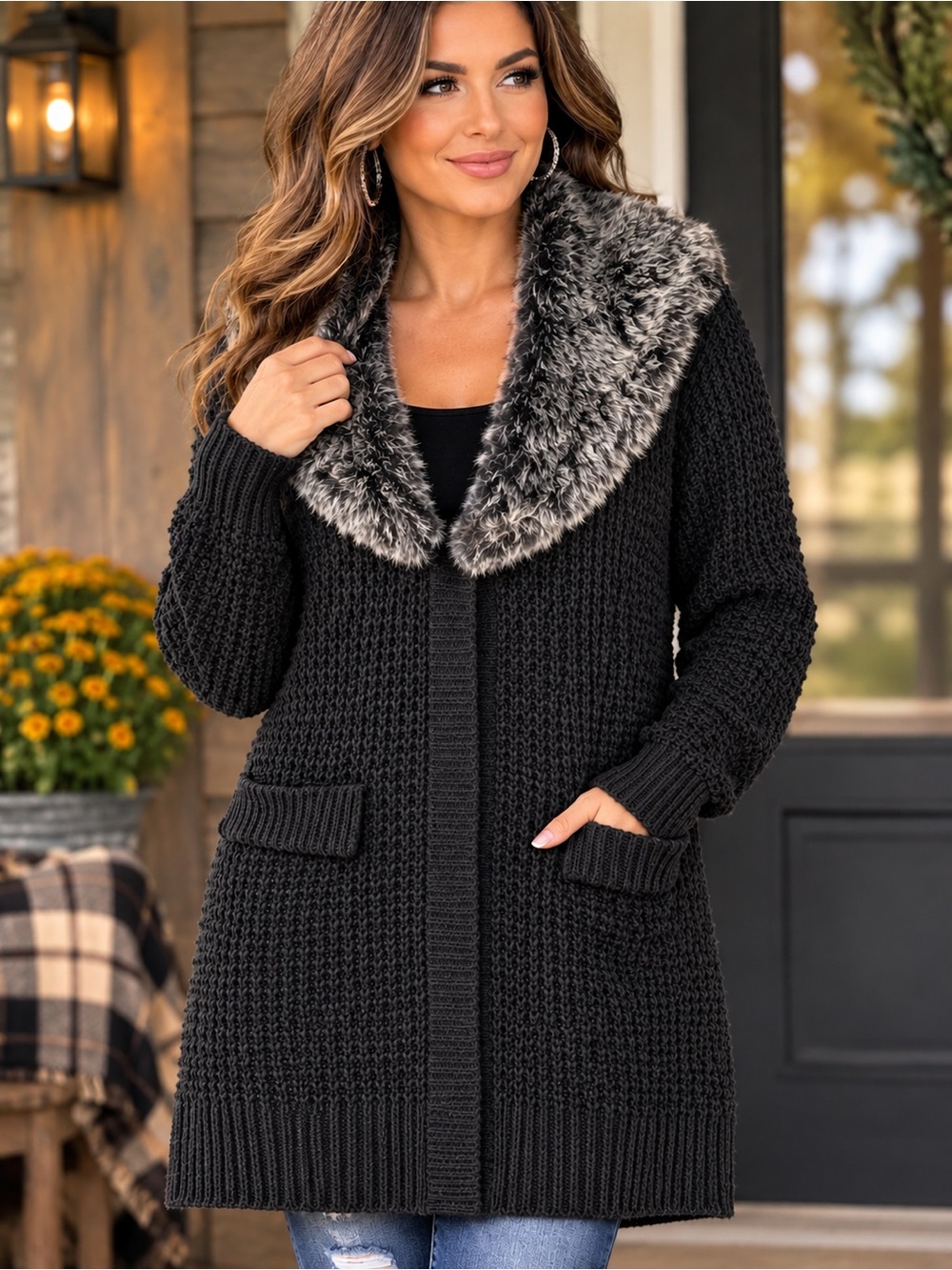 Y2K Say What? Black Knit Cardigan with Gray Faux-Fur Collar